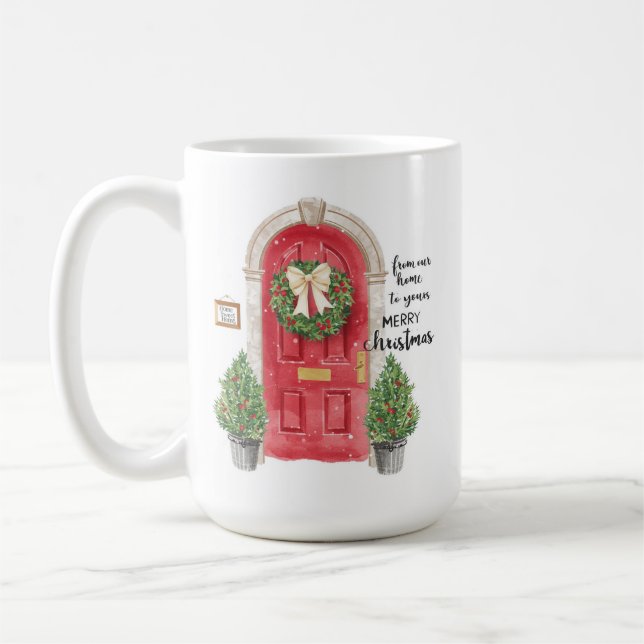 Röda dörr krukträd girlang vattenfärg kaffemugg (Vänster)