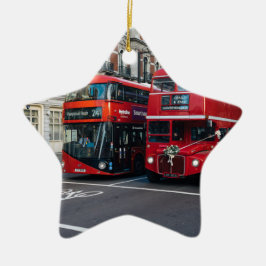 Röda dubbeldäckade bussar julgransprydnad keramik