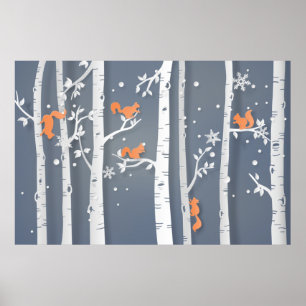 Röda ekorrar White Cypress Träd Papercut Poster