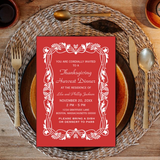 Röda Eleganten Gräns Thanksgiving Inbjudan (Red Elegant Border Thanksgiving Invite)