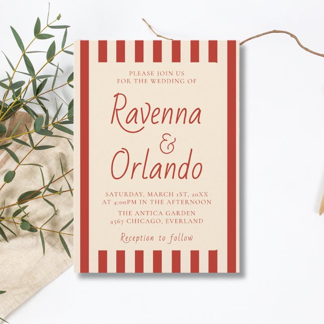 Röda Elfenbensränder Retro Minimalistisk Bröllop Inbjudningar (Skapare uppladdad)