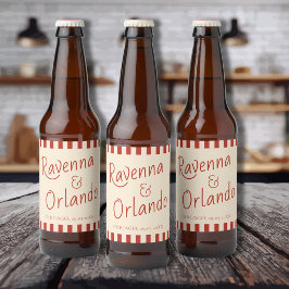 Röda Elfenbensränder Retro Minimalistisk Bröllop Ölflaska Etikett