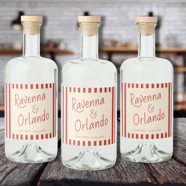 Röda Elfenbensränder Retro Minimalistisk Bröllop Spritflaskor Etikett (Skapare uppladdad)