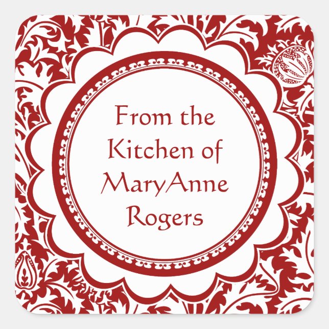 Röda etiketter på burk för William Morris burkmat (Framsida)