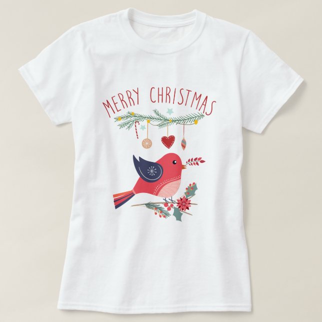 Röda fågel- och andningsskandinaviska julfolkkonst t shirt (Design framsida)