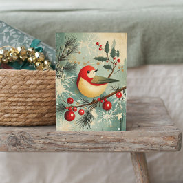 Röda Fågel Snöig Gren Holly Snöflingor Vintage Julkort