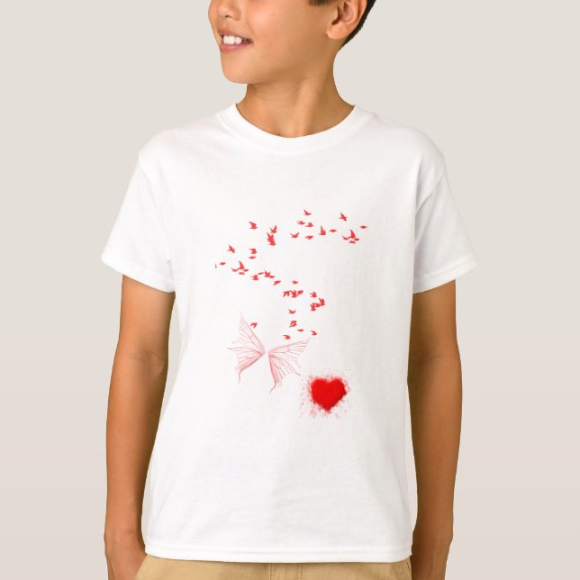 Röda fåglar Butterfly & Heart T Shirt (Framsida)
