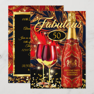 Röda fantastiska födelsedagsfest Guld champagnegla Inbjudningar