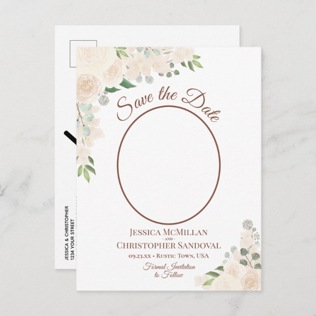 Röda Färgburna Rosor Ovalt Foto Bröllop Spara Datu Meddelande Vykort (Fram/baksida)