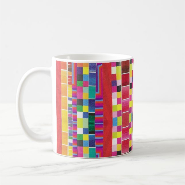 röda färgrutor, rand och färgpixlar kaffemugg (Vänster)