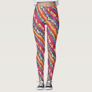 röda färgrutor, rand och färgpixlar leggings