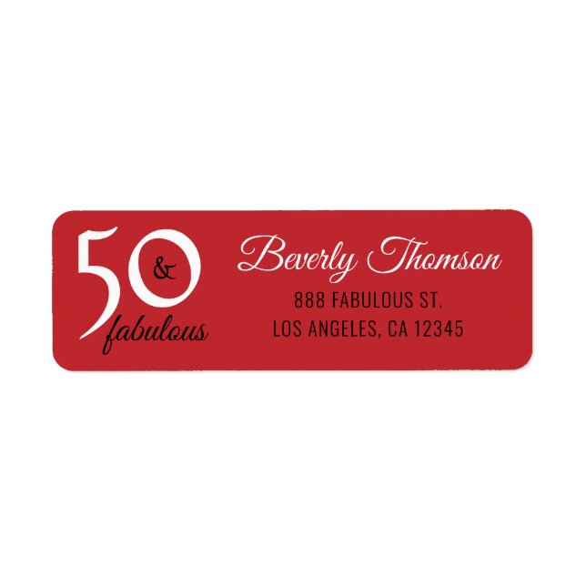 Röda femtio- och Fabulous 50:e födelsedagsskript Returadress Etikett (Framsidan)