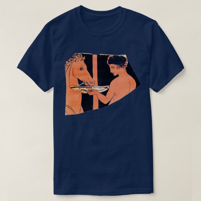 Röda figur-potteriet av en ungdom som vattnar hans t shirt (Design framsida)