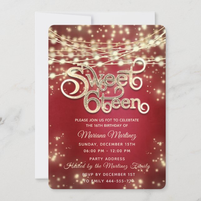 Röda fina eleganta strängljus guld glimmer  inbjudningar (Framsida)