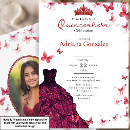Röda Fjärilar Klänning Foto 15 XV Quinceanera Inbjudningar