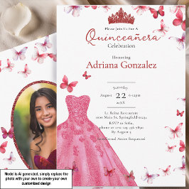 Röda Fjärilar Klänning Foto 15 XV Quinceanera Inbjudningar
