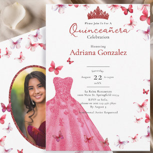 Röda Fjärilar Klänning Foto 15 XV Quinceanera Inbjudningar