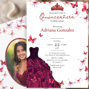 Röda Fjärilar Klänning Foto 15 XV Quinceanera Inbjudningar