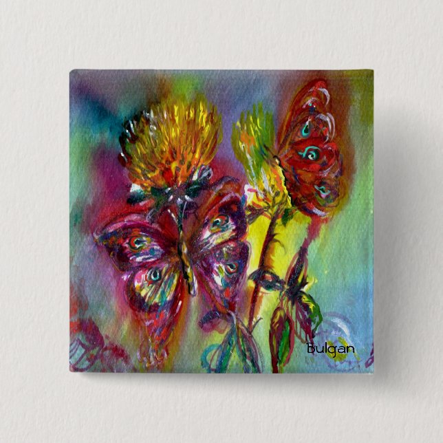 RÖDA FJÄRILAR PÅ GULA THISTLES, BLÅ HIMMELblommigt Knapp (Framsida)