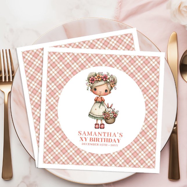 Röda Florala Ängla Söta Tredje Födelsedagsfest Ser Pappersservett (Blush Floral Fairy Cute 3rd Birthday Party Napkins)