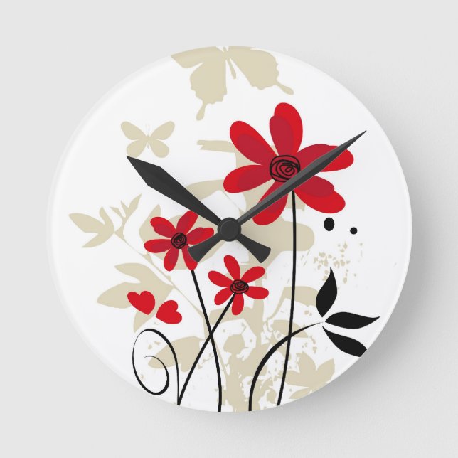 Röda flowes och fjärilar rund klocka (Framsida)
