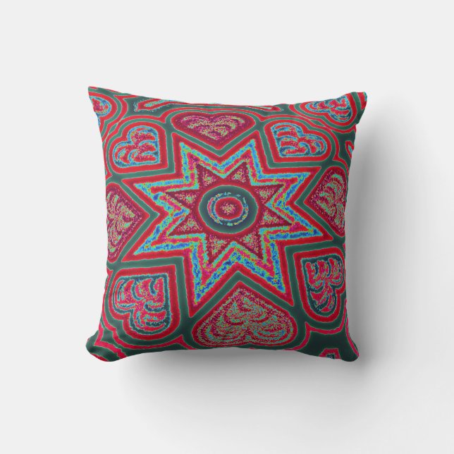 Röda Folk Art-hjärta Kastkudde Kudde (Framsida)