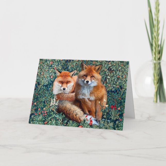 RÖDA FOXER BLAND GRÖN, FOLIE OCH BLOMMOR HELGKORT (Framsida)