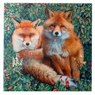 RÖDA FOXER BLAND GRÖN, FOLIE OCH BLOMMOR KAKELPLATTA