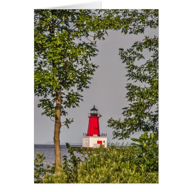 Röda fyren i slutet av Pier på Sjö Michigan Hälsningskort (Framsidan)