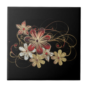 Röda Gemstone-blommor - Vackra Golden-judiska Kakelplatta
