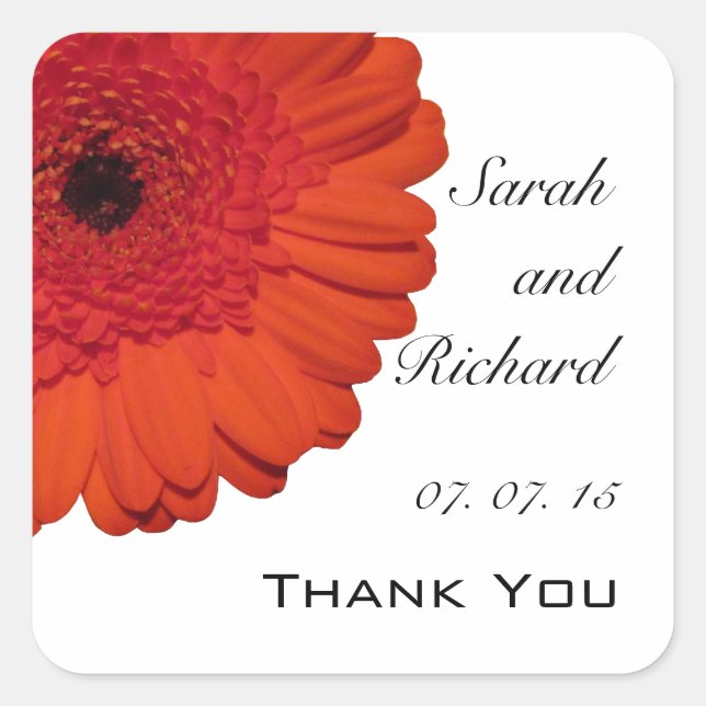 Röda Gerber Daisy Tack Bröllopsfavoritstickers Fyrkantigt Klistermärke (Framsida)