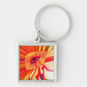 Röda Gerbera-blommans vattenfärgsmålare Fyrkantig Silverfärgad Nyckelring