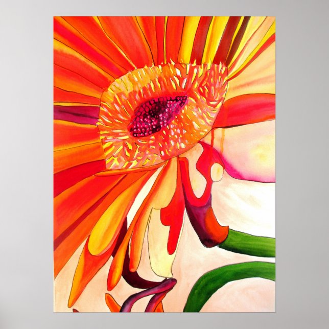 Röda Gerbera-blommans vattenfärgsmålare Poster (Framsidan)