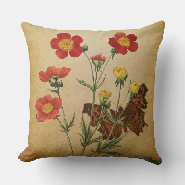 Röda Geum-blommor & Fjäril Kudde (Framsida)