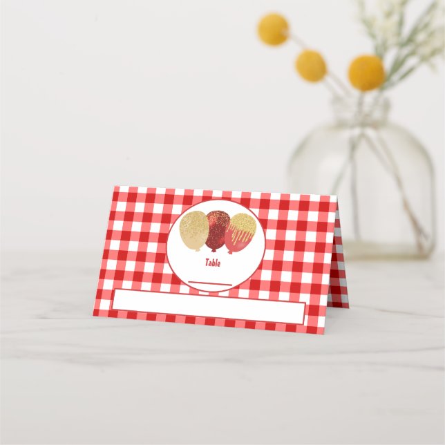 Röda Gingham Glitterballonger Faltade Bord  Placeringskort (Framsida)