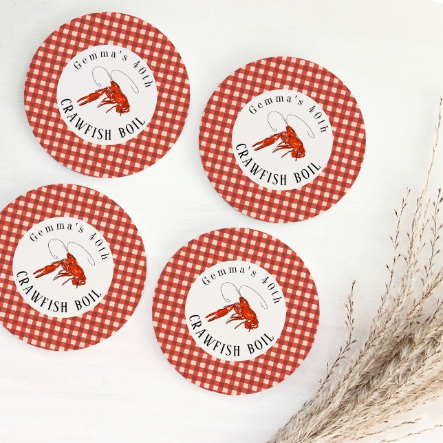 Röda Gingham-kräftkok Sjöfest Pappers- Underlägg Papper Rund (Red crawfish and gingham personalized crawfish boil coasters.)