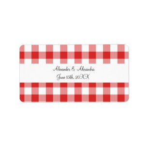 Röda gingham mönster bröllopsfavörer adressetikett