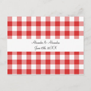Röda gingham mönster bröllopsfavörer vykort