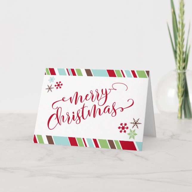 Röda glada jul snöflingor & diagonala ränder helgkort (Framsida)