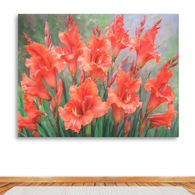 Röda Gladiolus Blommor Eleganta Blommande Trädgård Canvastryck (An elegant canvas print of coral red gladioli flowers. Bright and vibrant artwork for the home.)