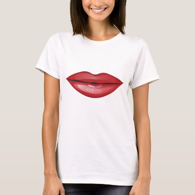 Röda Glänsande Läppar Kyss Chic Modern Glamour Skö Tee Shirt (Framsida)