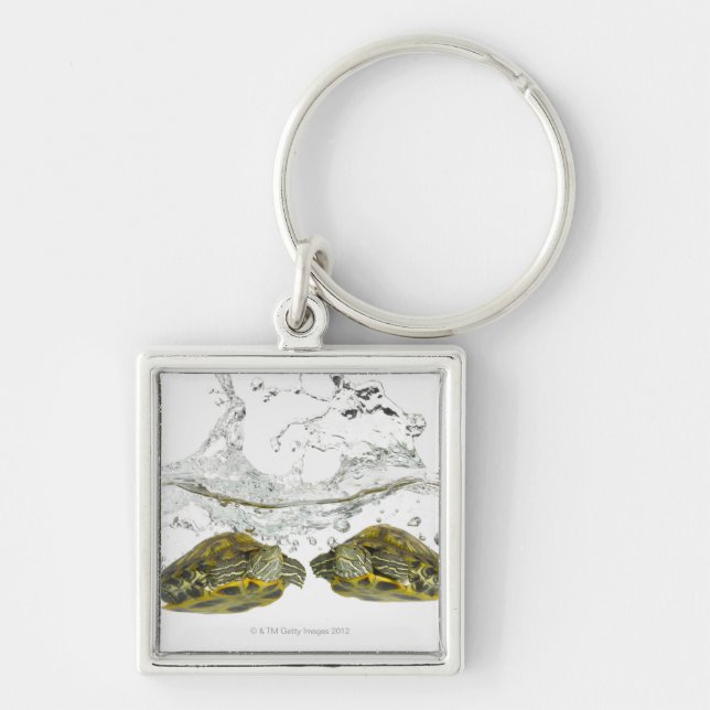 Röda glidaresköldpaddor fyrkantig silverfärgad nyckelring (Framsidan)