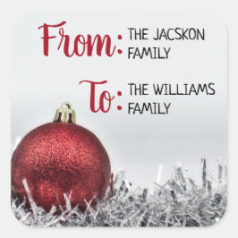 Röda glitter boll med silver garland fyrkantigt klistermärke