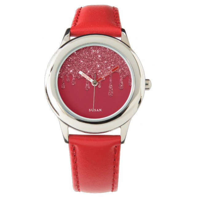 Röda Glitter-droppen Personlig Namn Wrist Watch Armbandsur (Framsida)