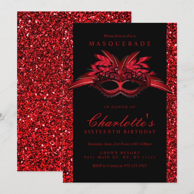 Röda Glitter Maskerad Inbjudningskort (Fram/baksida)