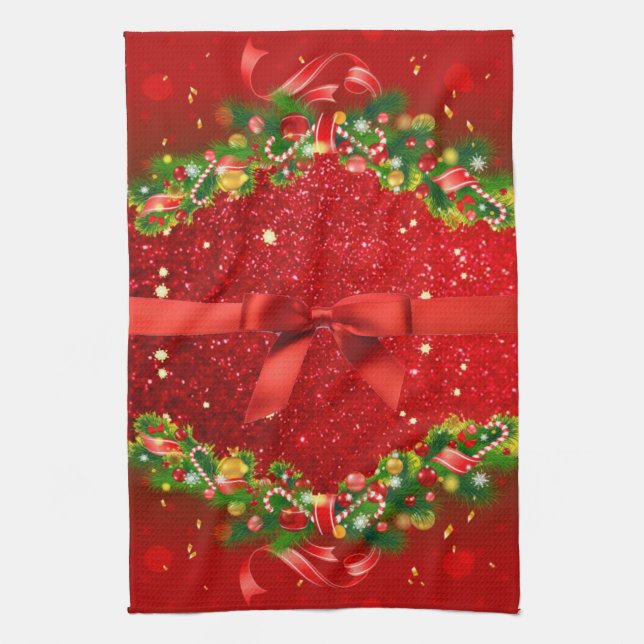 Röda Glitter med Bow och julprydnader Kökshandduk (Vertikal)