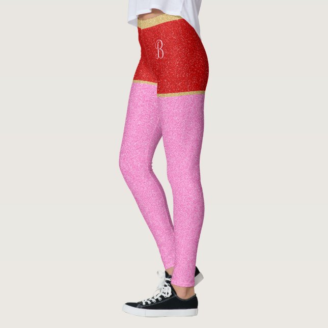 Röda Glitter Monogrammed Kort Rosa-titer Leggings (Vänster)