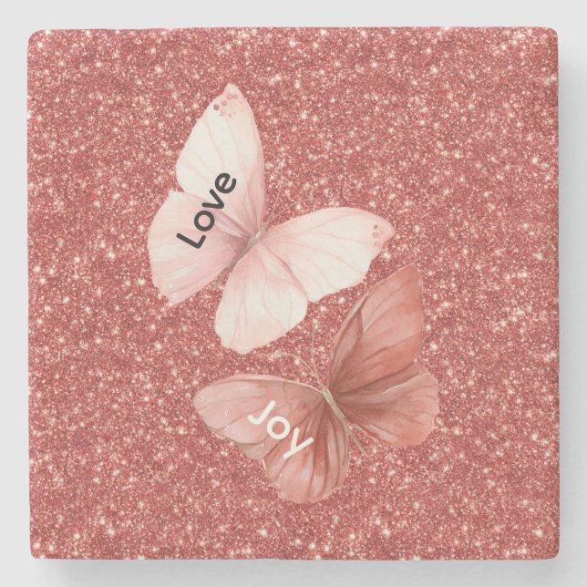 Röda glitter Rosa Kärlek Glädje Fjärilar Stenunderlägg (Framsidan)