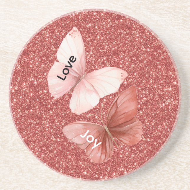 Röda glitter Rosa Kärlek Glädje Fjärilar Underlägg (Framsidan)