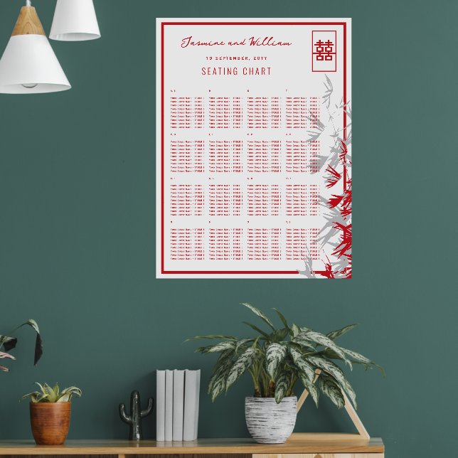 Röda & Grå Bambublad Asiatiskt Bröllops Sittplatsk Poster (Vardagsrum 1)